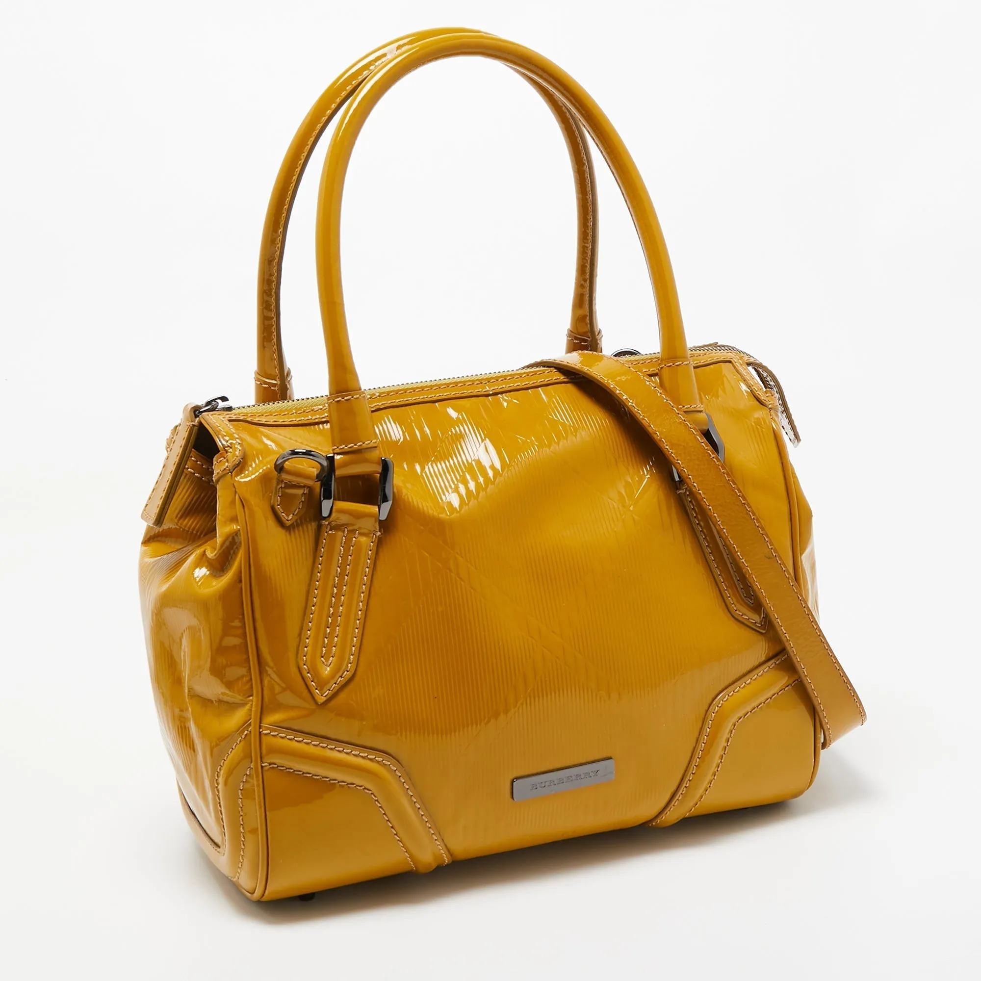 BURBERRY Mustard Patent Leather Top Zip Tote