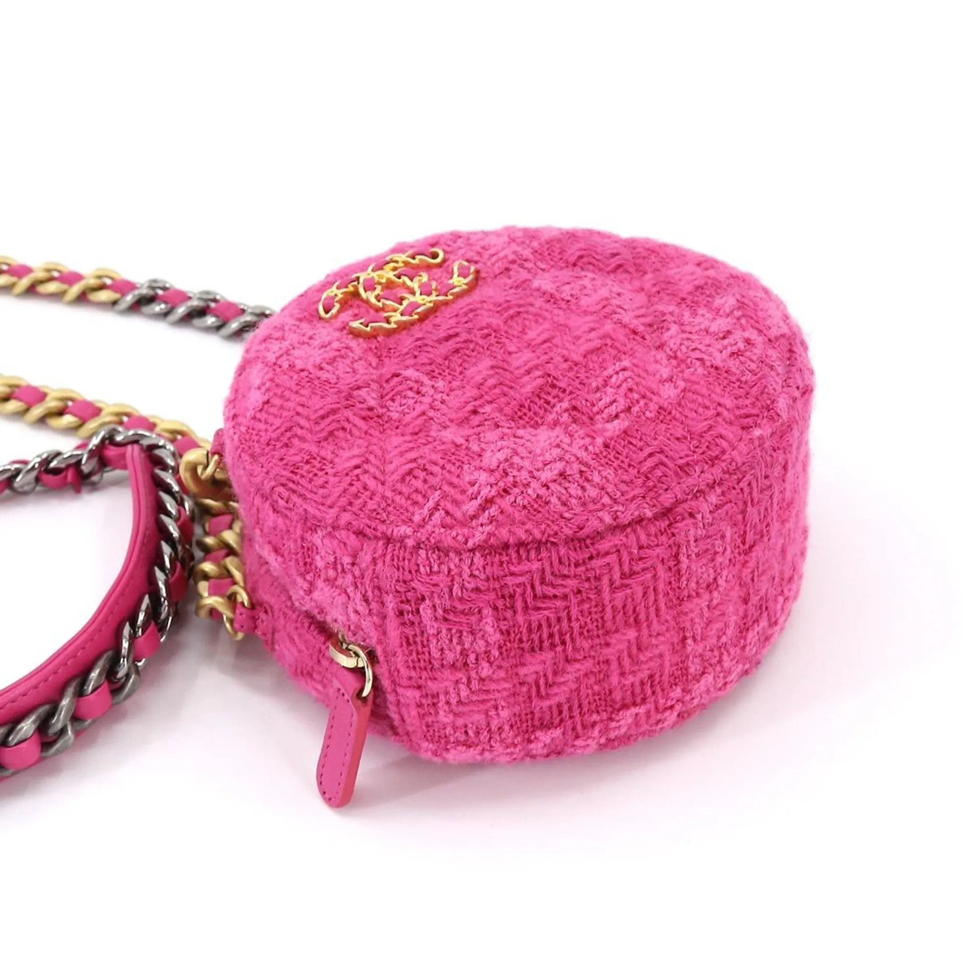 CHANEL 19 Bag with  round chain shoulder bag tweed leather pink pouch