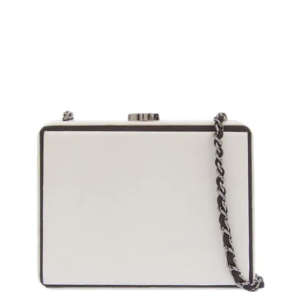 CHANEL Around 2008 Made Cc Mark Plate Metal Clasp Mini Chain Bag White/Black