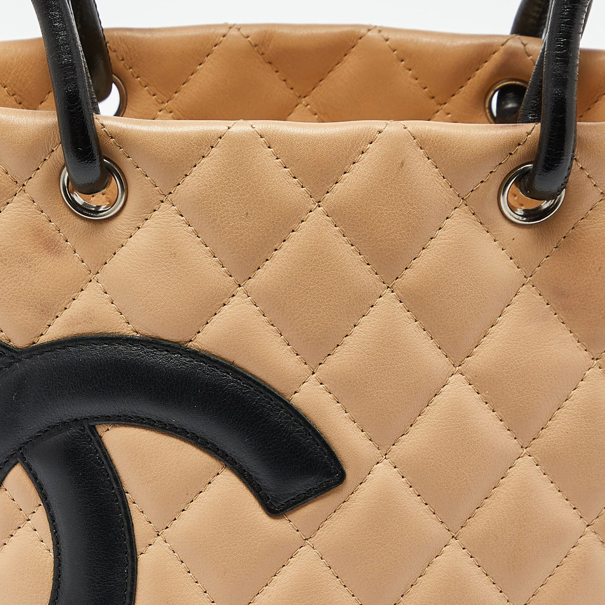 CHANEL Beige/Black Quilted Leather Cambon Ligne Tote