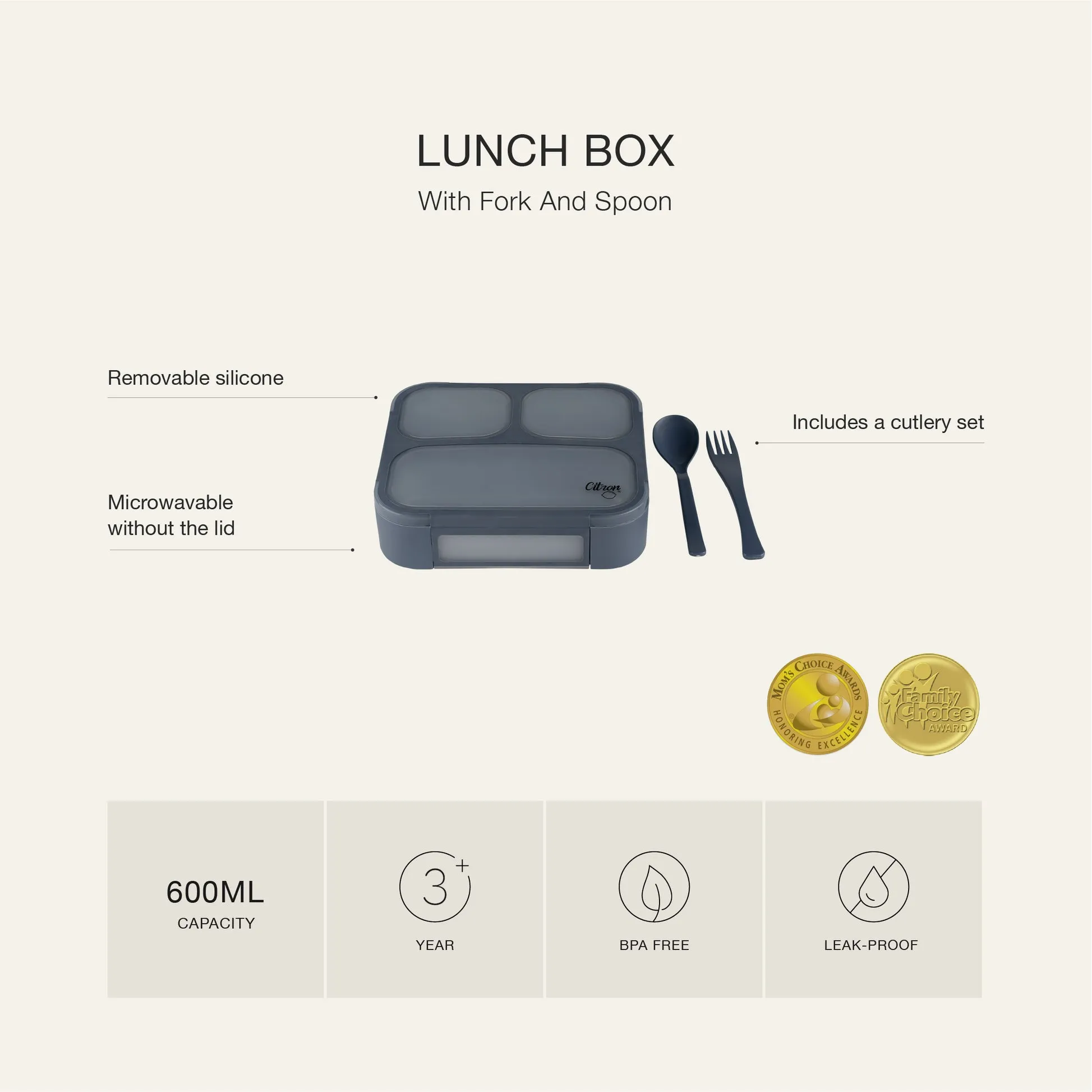 Citron Lunchbox with Fork and Spoon - Dark Blue