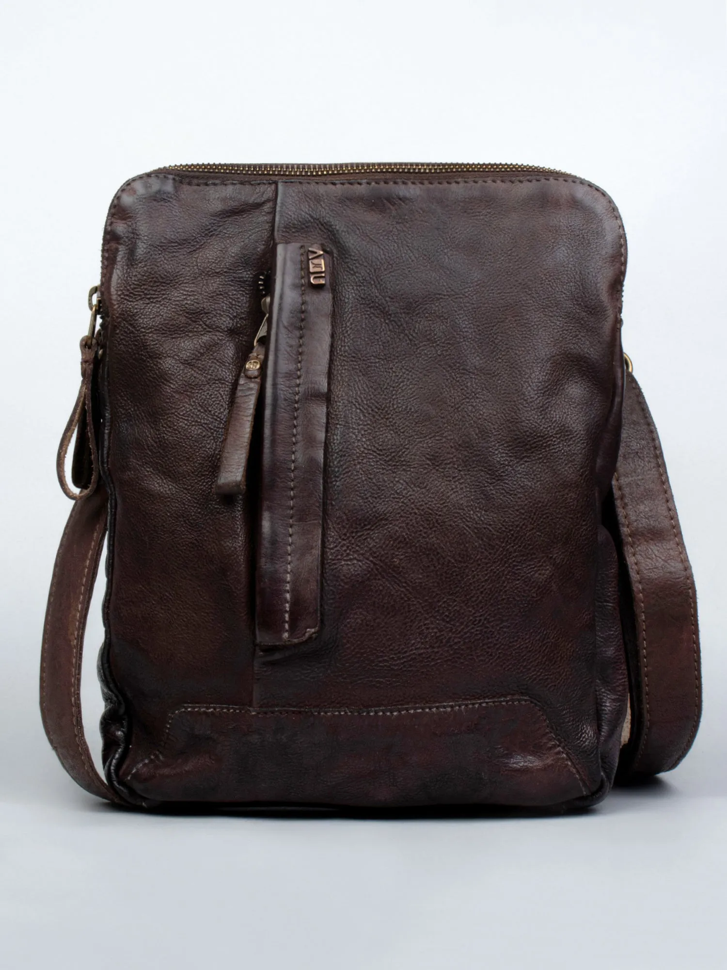 Cognac Leather Washed Look Crossbody Bag