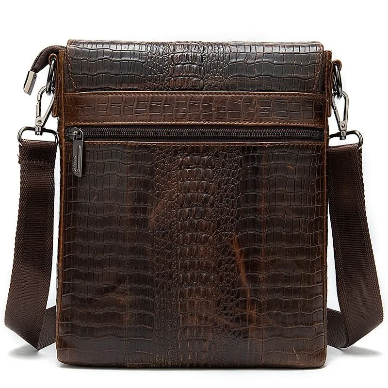 CrocEmbossed Luxe Leather Zipper Crossbody Messenger Bag