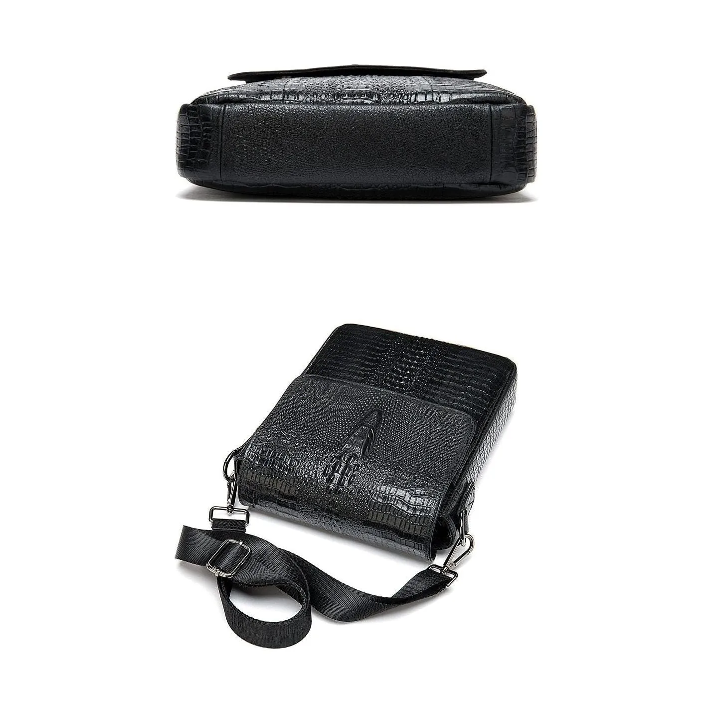 CrocEmbossed Luxe Leather Zipper Crossbody Messenger Bag