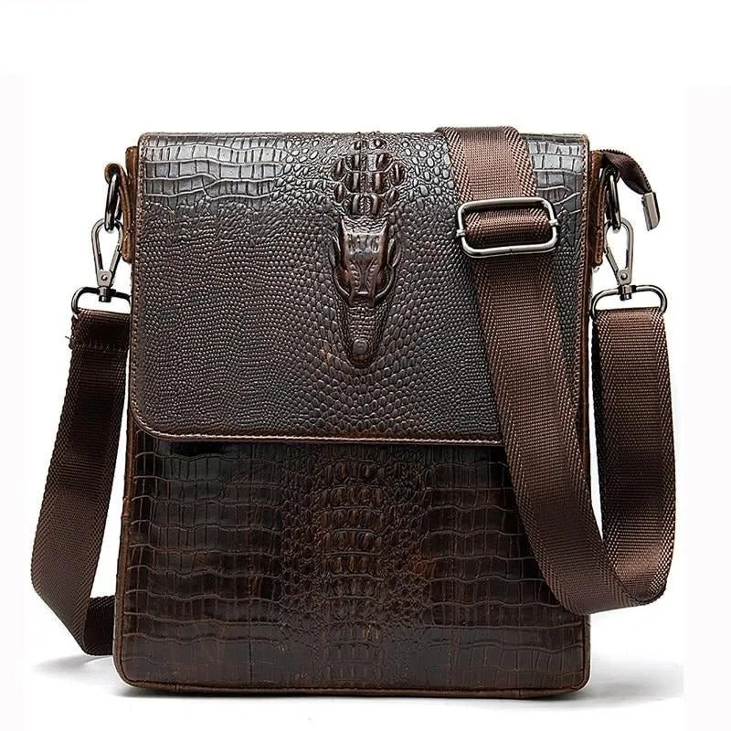 CrocEmbossed Luxe Leather Zipper Crossbody Messenger Bag