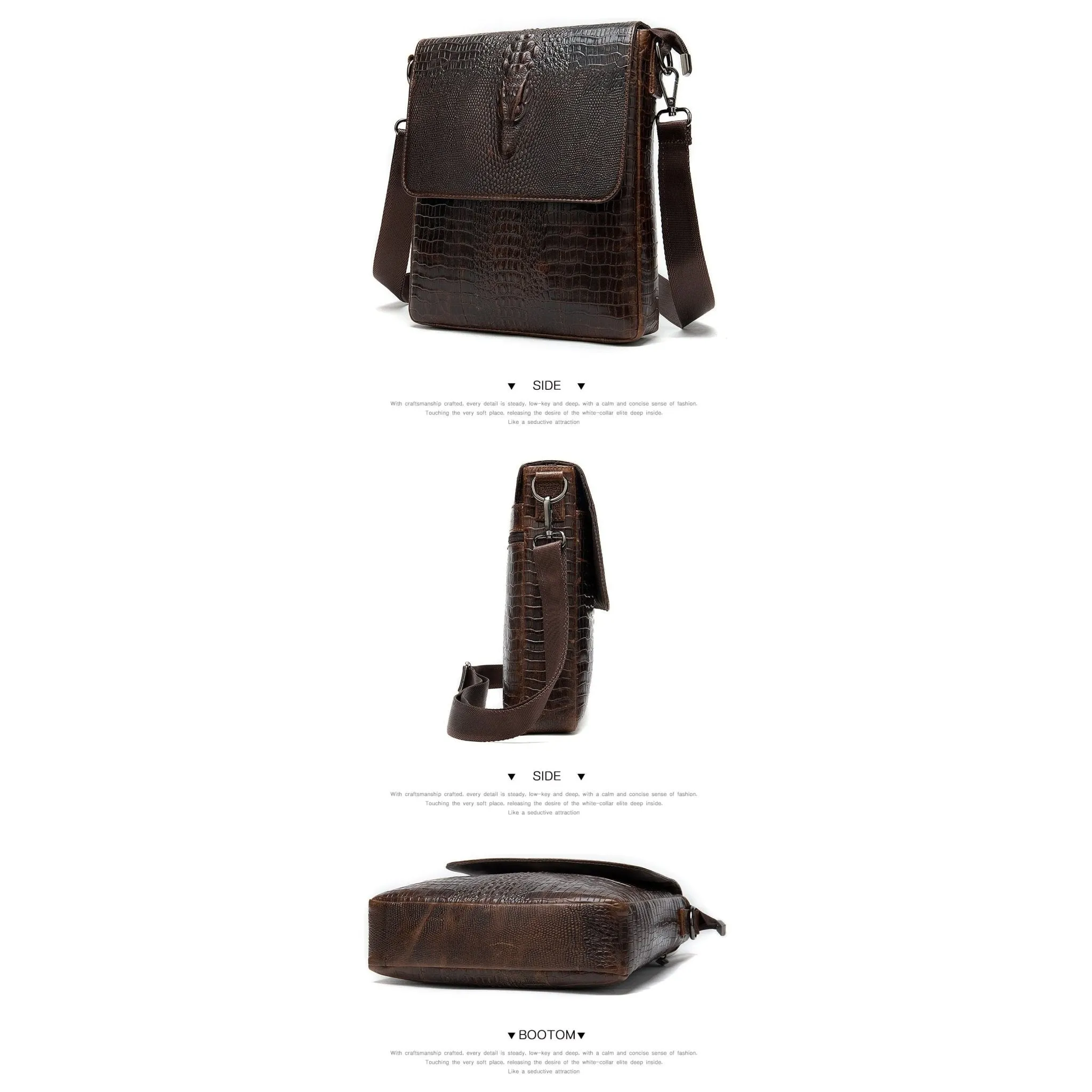 CrocEmbossed Luxe Leather Zipper Crossbody Messenger Bag