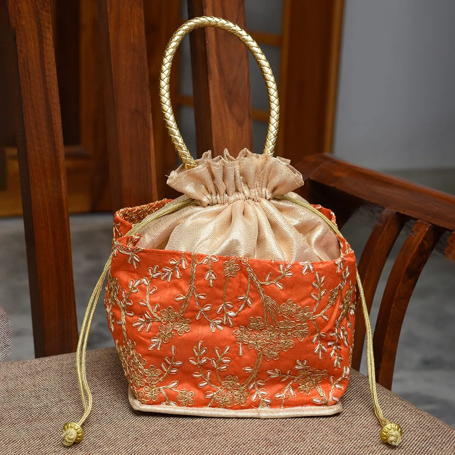 Heart Home Hand Bag|Silk Embroidery Drawstring Bag|Traditional Indian Handmade 5 Pocket Potli Bag with Golden Handle|Pack of 2 (Orange)