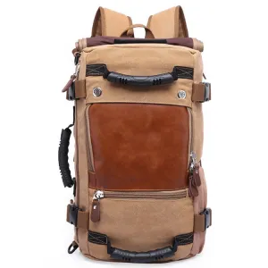 KAKA 0208 Men Canvas Stitched Leather Backpack, Size: 48 x 30 x 18cm (Khaki)