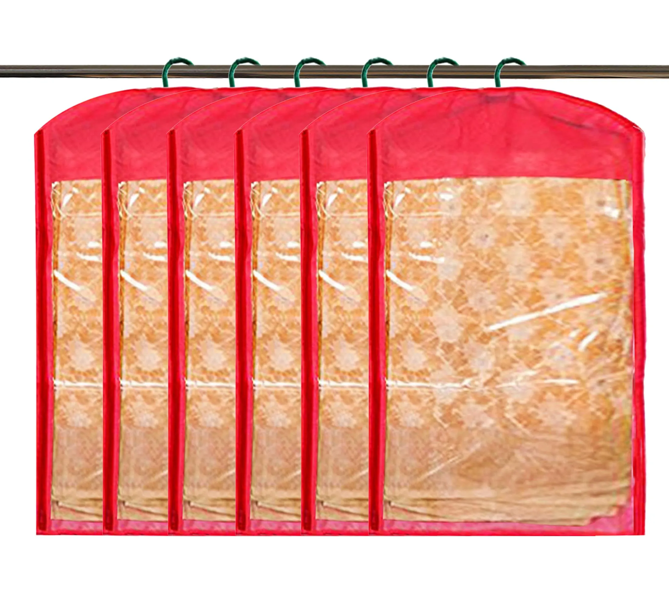 Kuber Industries 6 Pieces Non Woven Hanging Saree Cover Wardrobe Organiser with Hanger (Red) - CTKTC30946