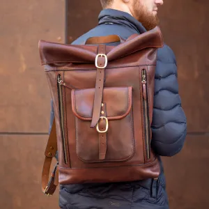 Leather brown Roll Top Backpack, Large men's Backpacks