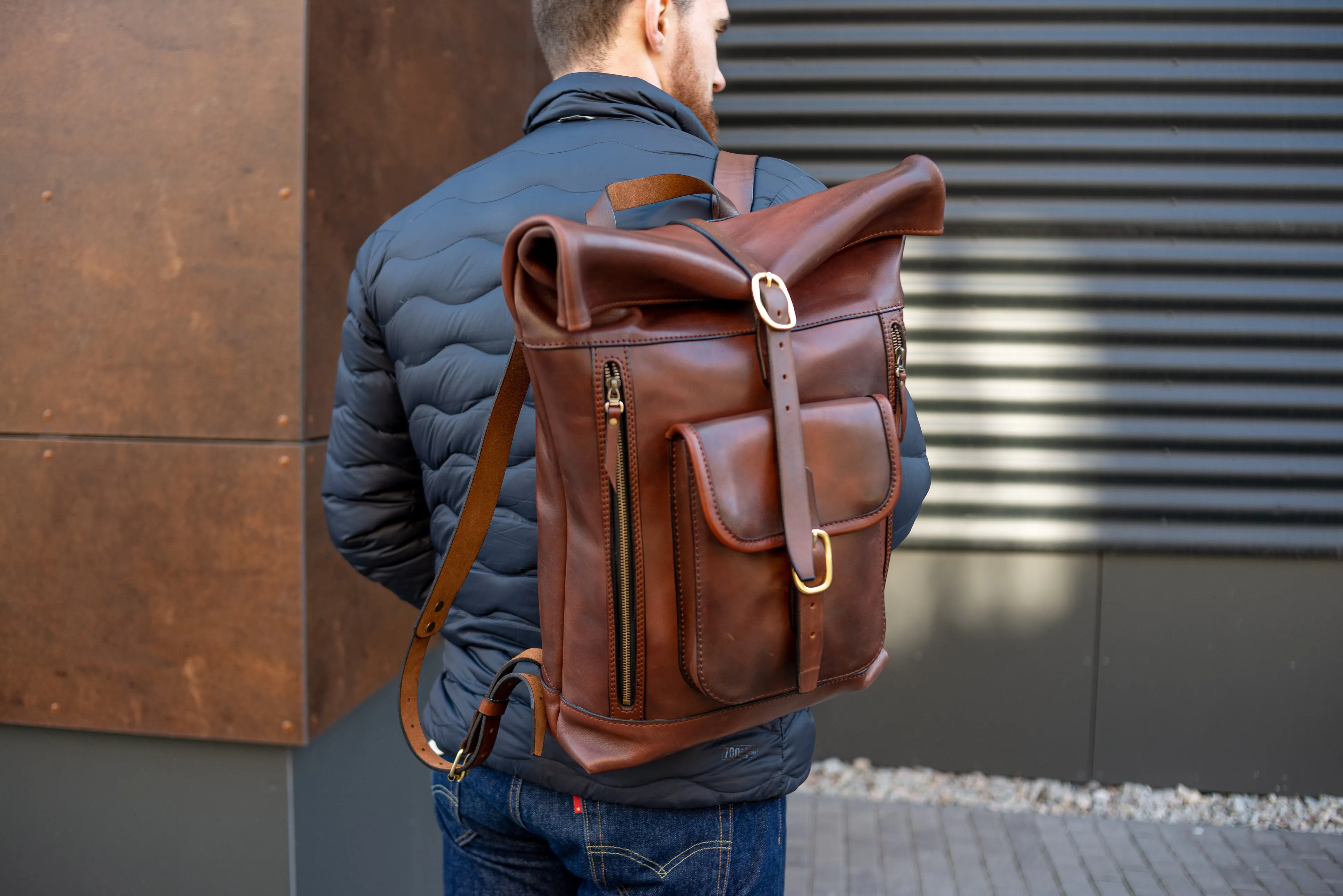 Leather brown Roll Top Backpack, Large men's Backpacks