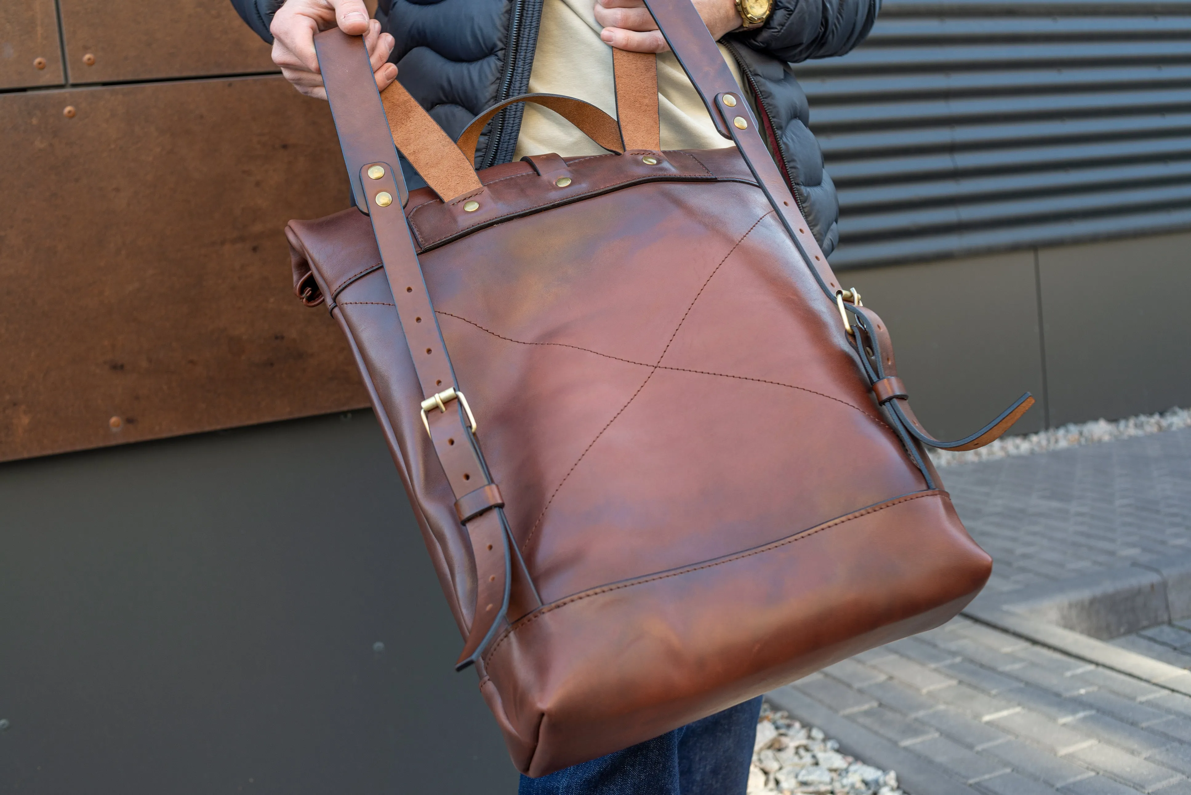 Leather brown Roll Top Backpack, Large men's Backpacks