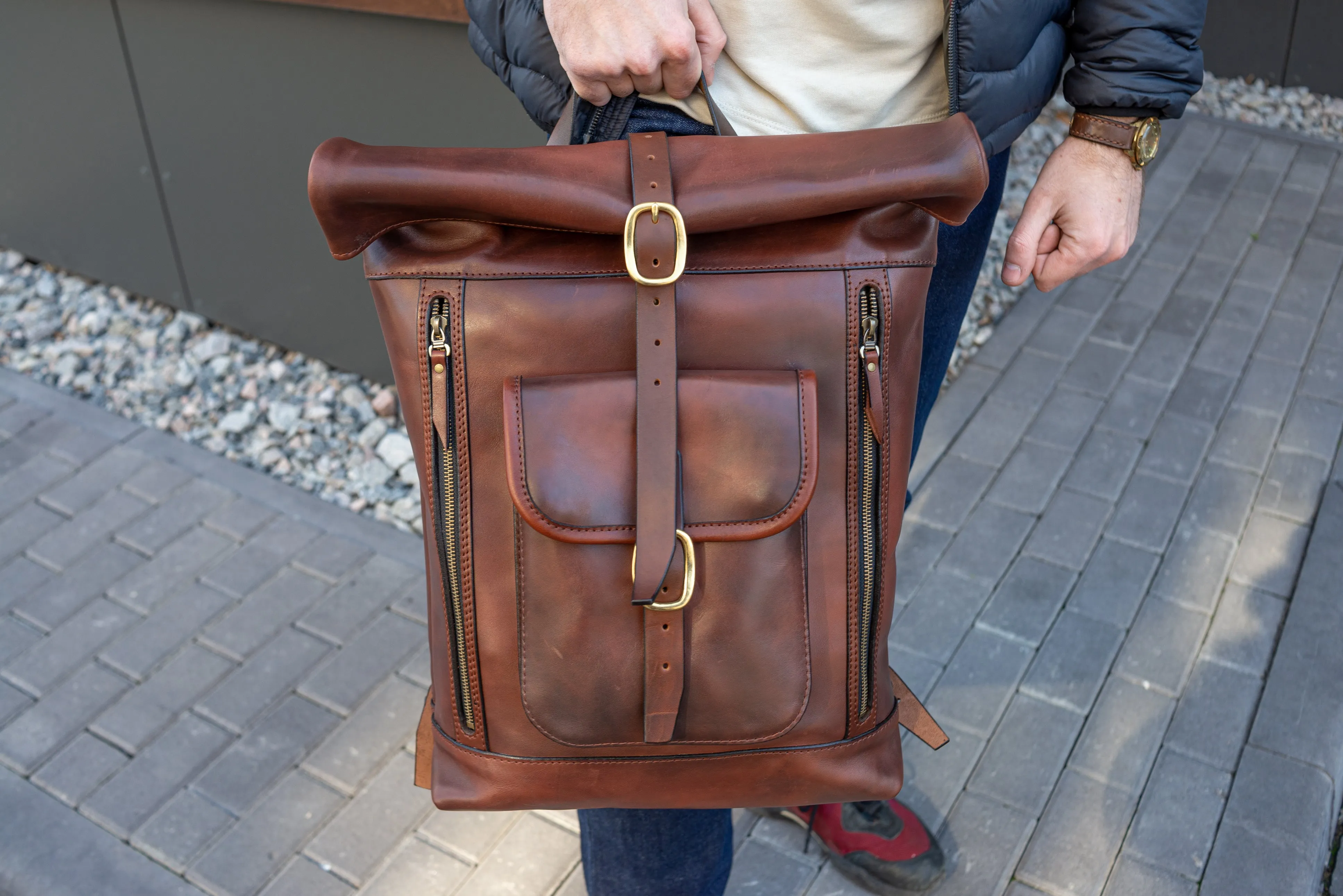 Leather brown Roll Top Backpack, Large men's Backpacks