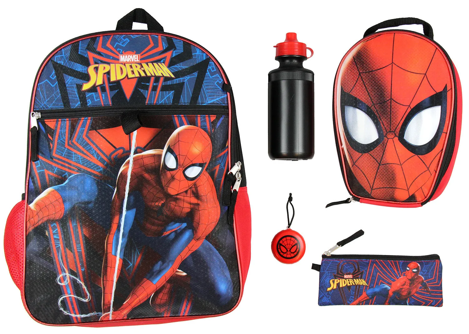 Marvel Spider-Man Backpack Kids 16" 5PC Water Bottle School Lunch Tote Combo Set