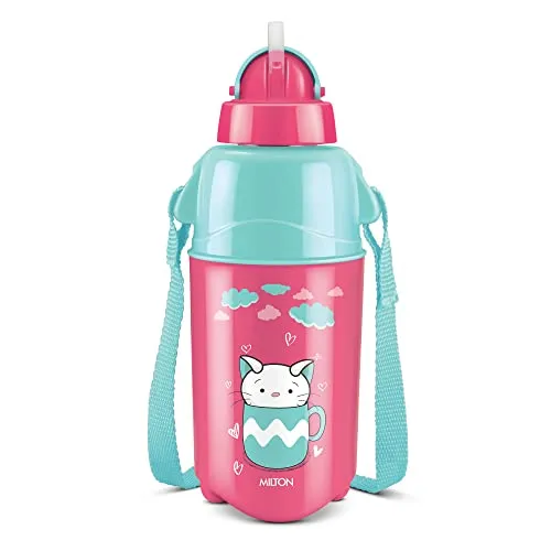 Milton Kool Trendy 400 Plastic Insulated Water Bottle with Straw for Kids, 370 ml, Cherry Pink | School Bottle | Picnic Bottle | Sipper Bottle | Leak Proof | BPA Free | Food Grade | Easy to Carry