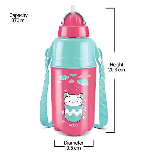 Milton Kool Trendy 400 Plastic Insulated Water Bottle with Straw for Kids, 370 ml, Cherry Pink | School Bottle | Picnic Bottle | Sipper Bottle | Leak Proof | BPA Free | Food Grade | Easy to Carry