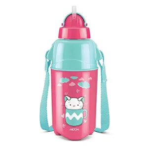 Milton Kool Trendy 400 Plastic Insulated Water Bottle with Straw for Kids, 370 ml, Cherry Pink | School Bottle | Picnic Bottle | Sipper Bottle | Leak Proof | BPA Free | Food Grade | Easy to Carry