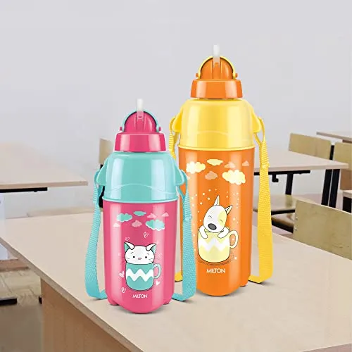 Milton Kool Trendy 400 Plastic Insulated Water Bottle with Straw for Kids, 370 ml, Cherry Pink | School Bottle | Picnic Bottle | Sipper Bottle | Leak Proof | BPA Free | Food Grade | Easy to Carry