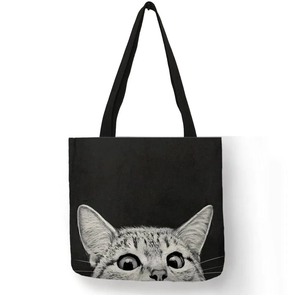 Monochrome Reusable Cute Kitty Cat Tote Bags