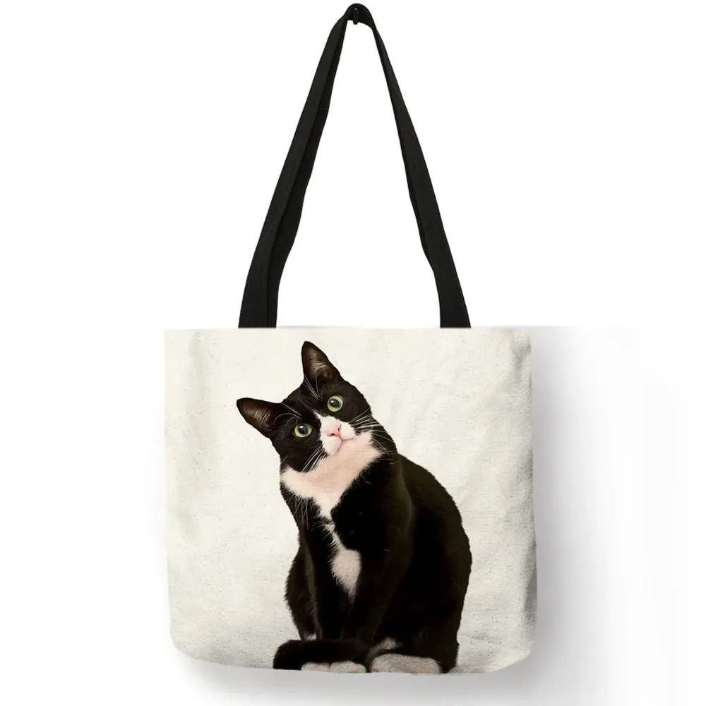 Monochrome Reusable Cute Kitty Cat Tote Bags