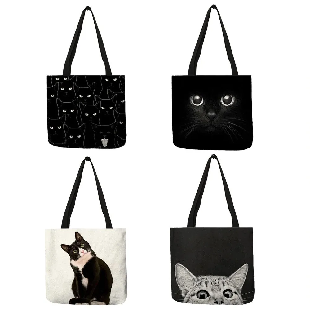 Monochrome Reusable Cute Kitty Cat Tote Bags