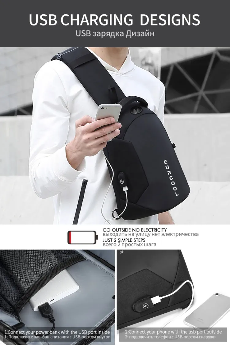 Multi Function Crossbody Bags Men Chest Bag Water Repellent Shoulder Bag with USB Charging Port, Size:L (Gray)