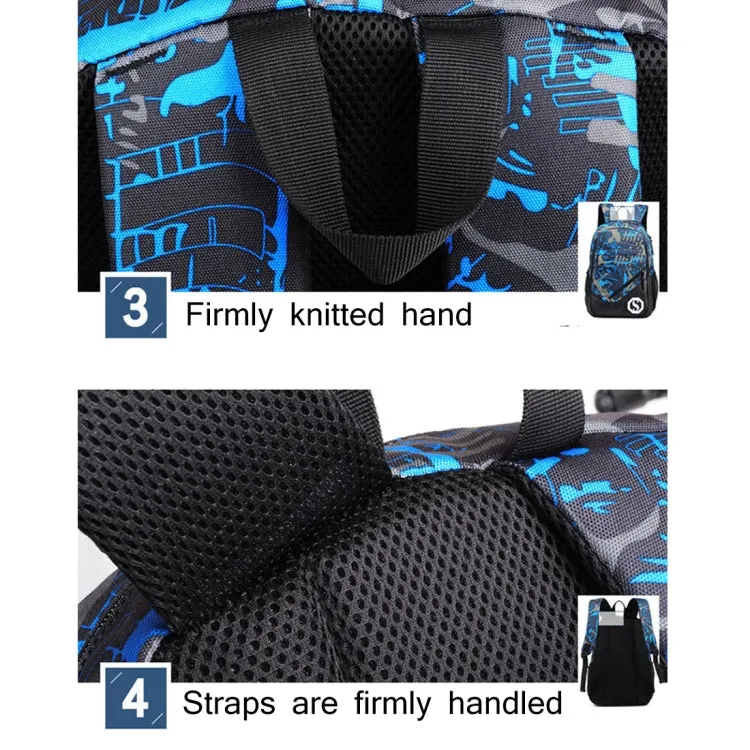 Multi-Function Large Capacity Oxford Cloth Blue and Grey Graffiti Backpack Casual Laptop Computer Bag with External USB Charging Interface & Shoulder Bag & Pen Bag for Men / Women / Student, Size: 45*30*15cm