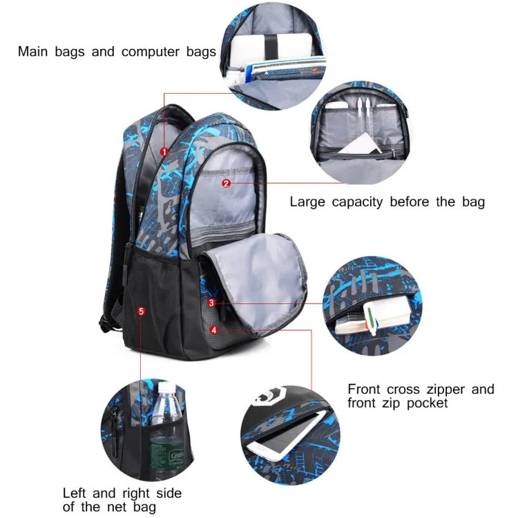 Multi-Function Large Capacity Oxford Cloth Blue and Grey Graffiti Backpack Casual Laptop Computer Bag with External USB Charging Interface & Shoulder Bag & Pen Bag for Men / Women / Student, Size: 45*30*15cm