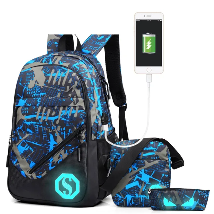 Multi-Function Large Capacity Oxford Cloth Blue and Grey Graffiti Backpack Casual Laptop Computer Bag with External USB Charging Interface & Shoulder Bag & Pen Bag for Men / Women / Student, Size: 45*30*15cm