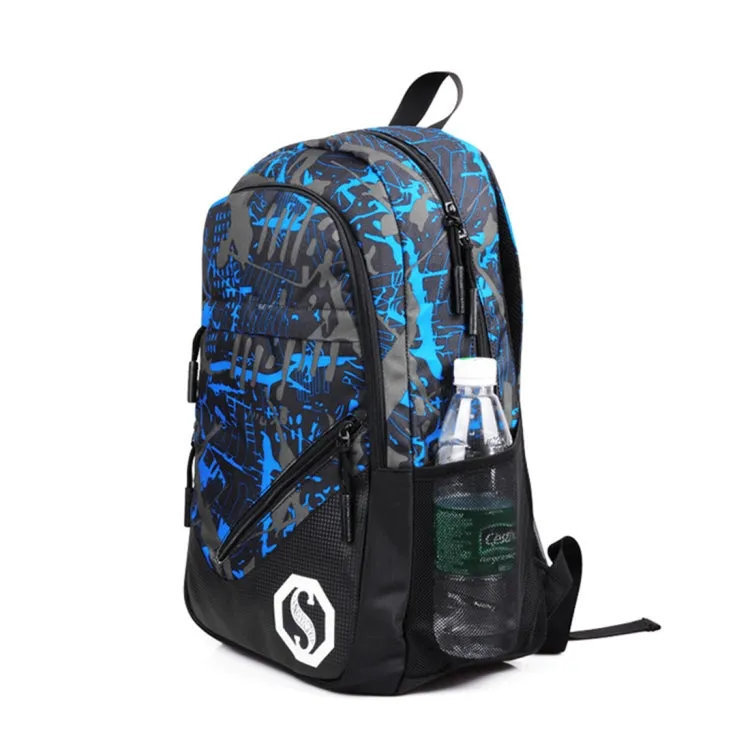 Multi-Function Large Capacity Oxford Cloth Blue and Grey Graffiti Backpack Casual Laptop Computer Bag with External USB Charging Interface & Shoulder Bag & Pen Bag for Men / Women / Student, Size: 45*30*15cm