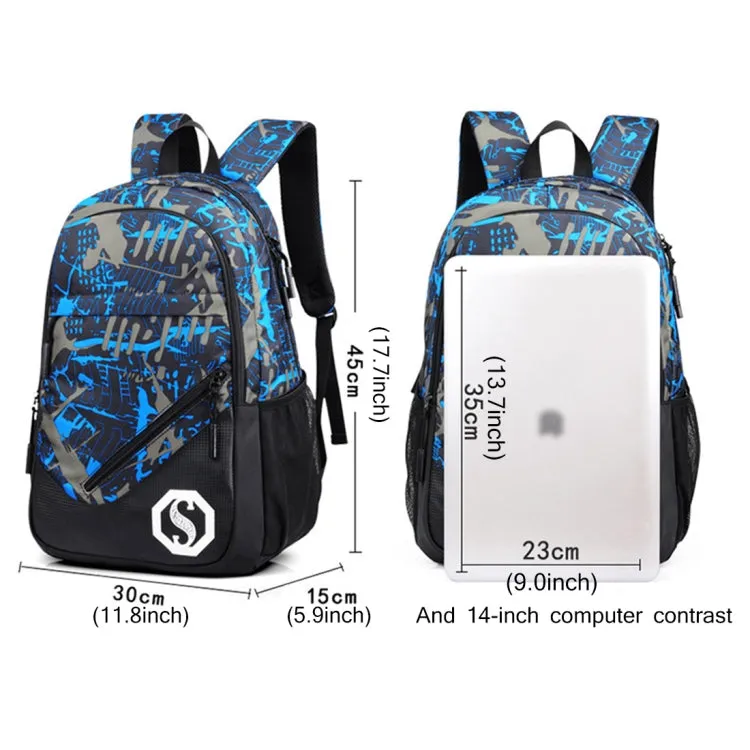 Multi-Function Large Capacity Oxford Cloth Blue and Grey Graffiti Backpack Casual Laptop Computer Bag with External USB Charging Interface & Shoulder Bag & Pen Bag for Men / Women / Student, Size: 45*30*15cm