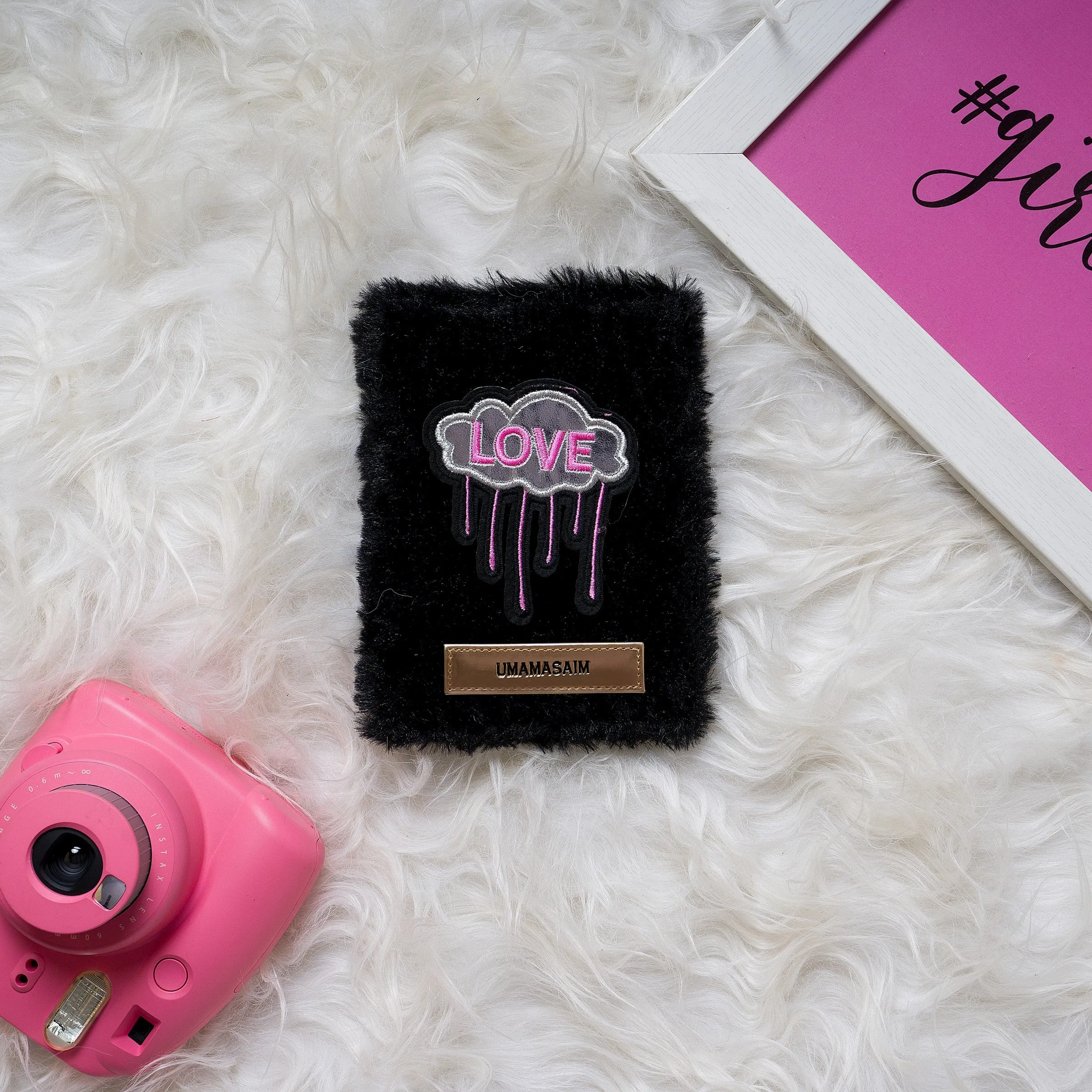 Passport Cover Black Fur with Love Patch