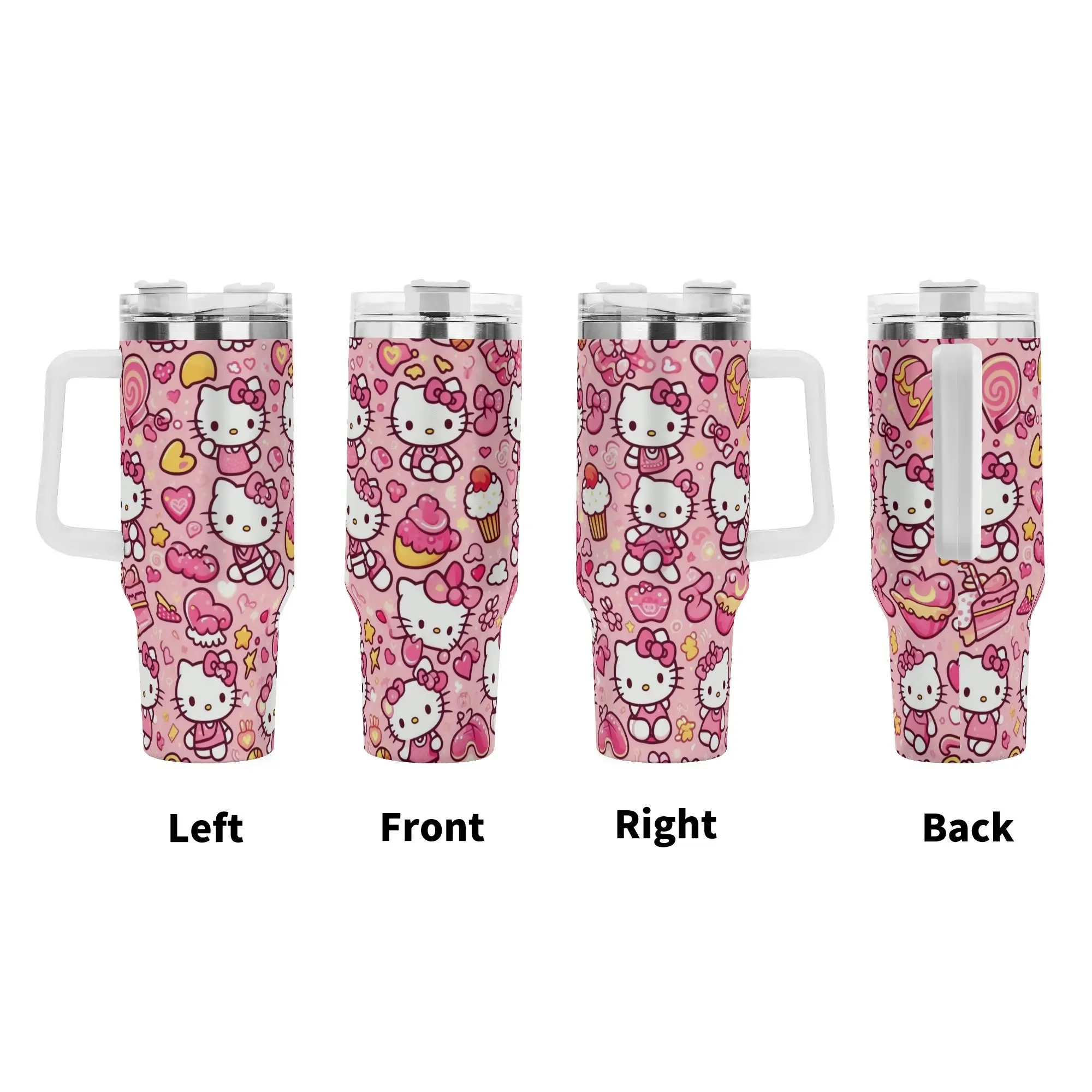 Pink Hello Kitty Patterned 40oz Stainless Steel Tumbler With Handle and Straw