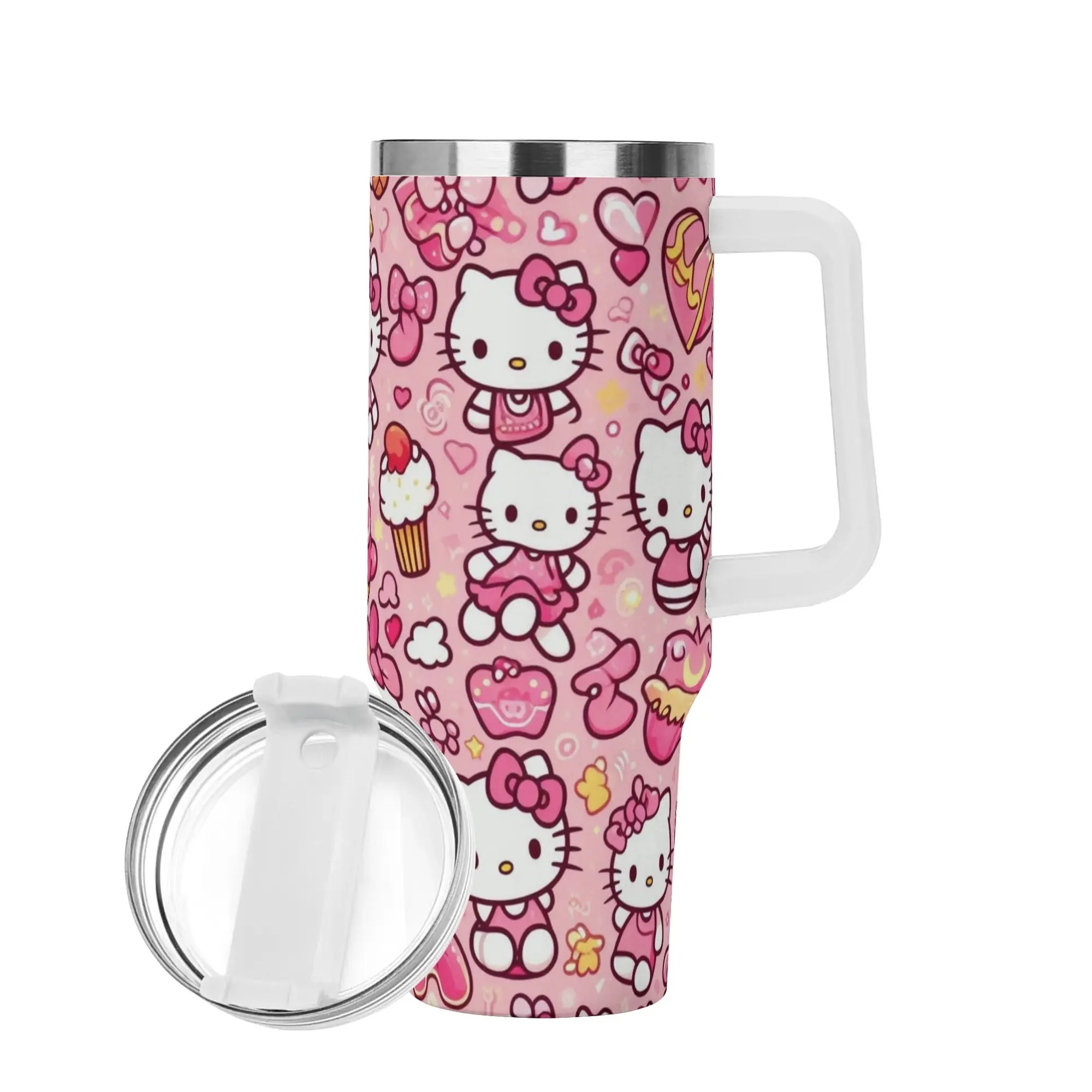 Pink Hello Kitty Patterned 40oz Stainless Steel Tumbler With Handle and Straw