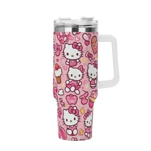 Pink Hello Kitty Patterned 40oz Stainless Steel Tumbler With Handle and Straw