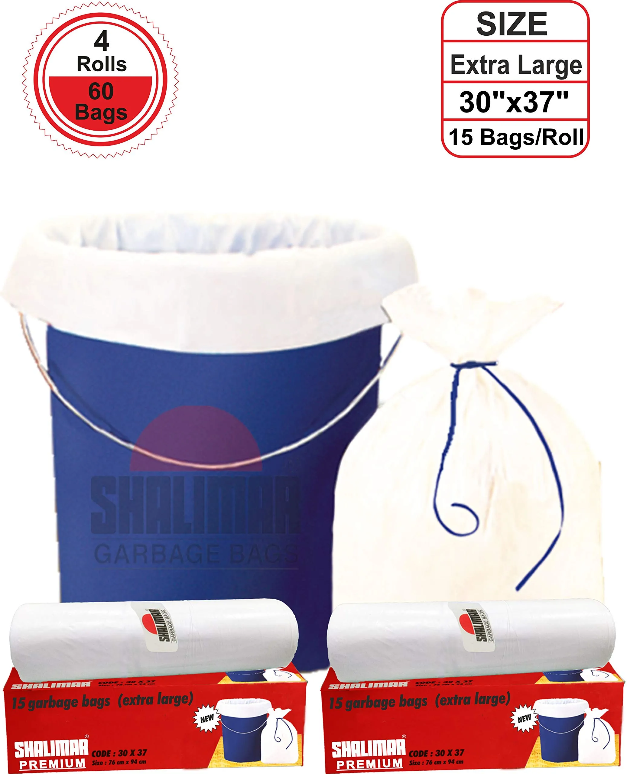 Shalimar Premium Garbage Bags Size 30 X 37 Inches (Extra Large) 60 Bags (4 rolls) Dustbin Bag/Trash Bag - White Color