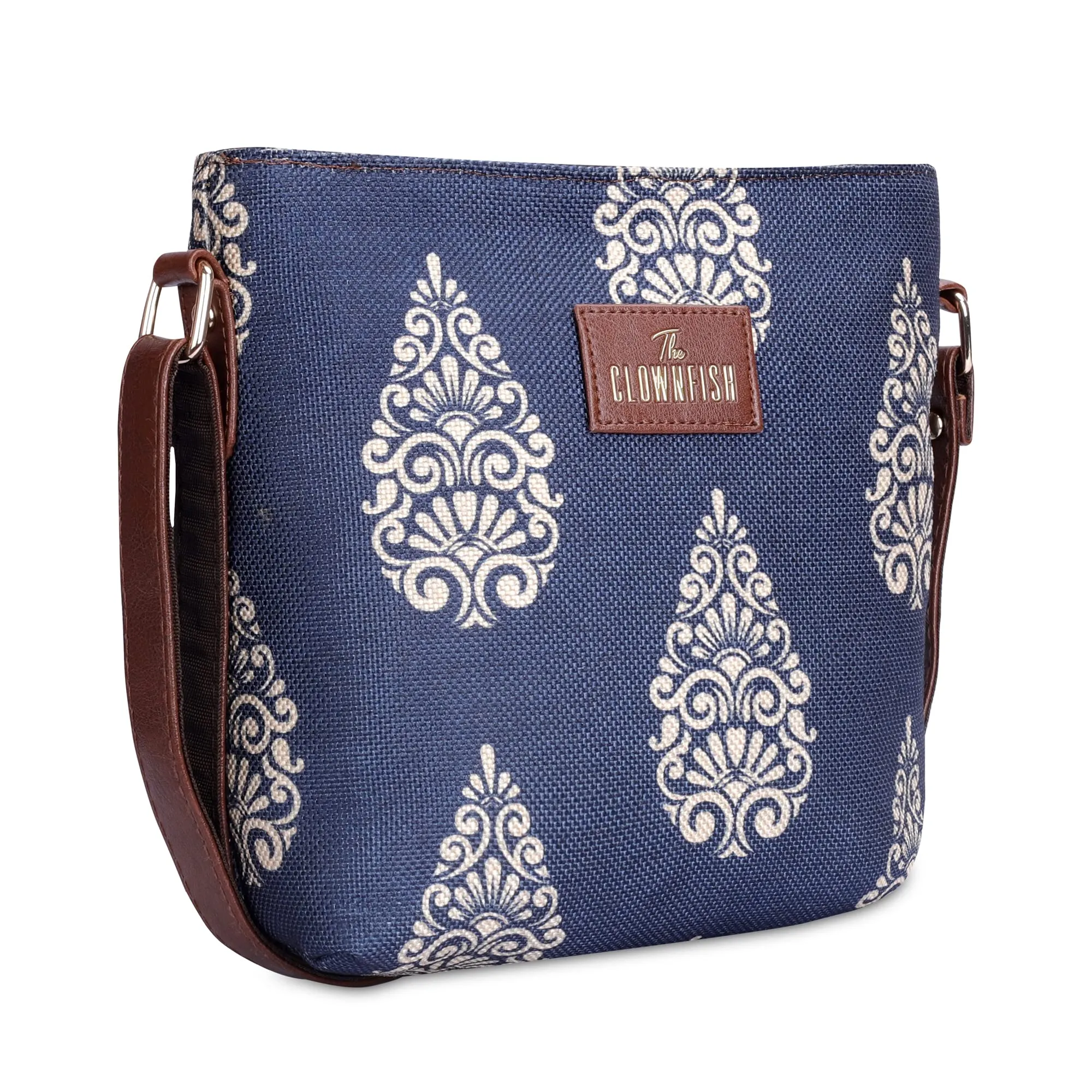 THE CLOWNFISH Aahna Printed Handicraft Fabric Crossbody Sling bag for Women Casual Party Bag Purse with Adjustable Shoulder Strap for Ladies College Girls (Navy Blue-Design)