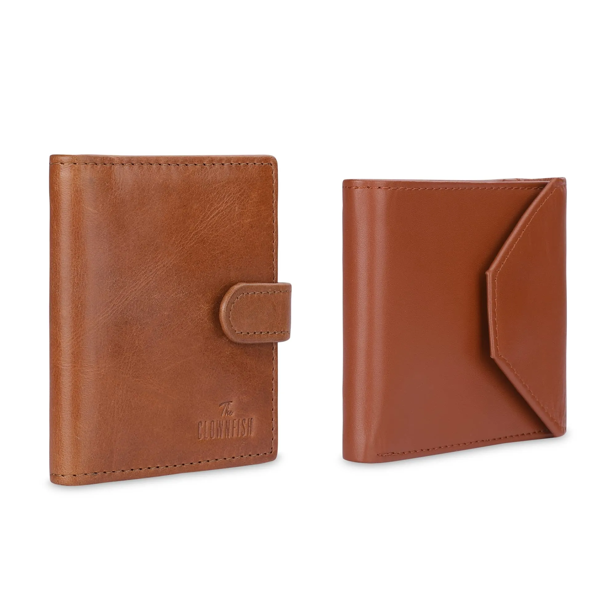 THE CLOWNFISH Combo of 2 RFID Protected Genuine Leather Wallet for Men with Multiple Card Slots (Tan)