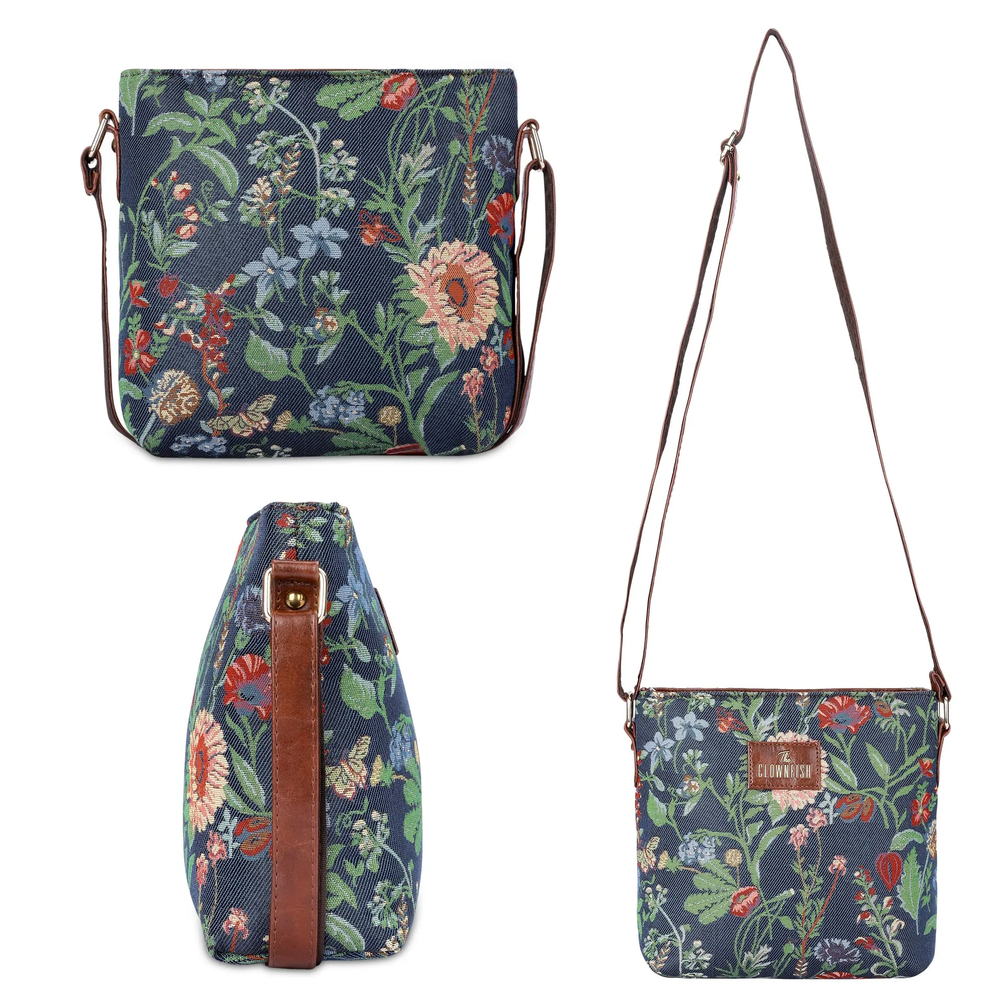 THE CLOWNFISH Combo of Linda Series Sling for Women Crossbody Bag for College Girls Lorna Tapestry Fabric & Faux Leather Handbag Sling Bag for Women (Navy Blue-Floral)