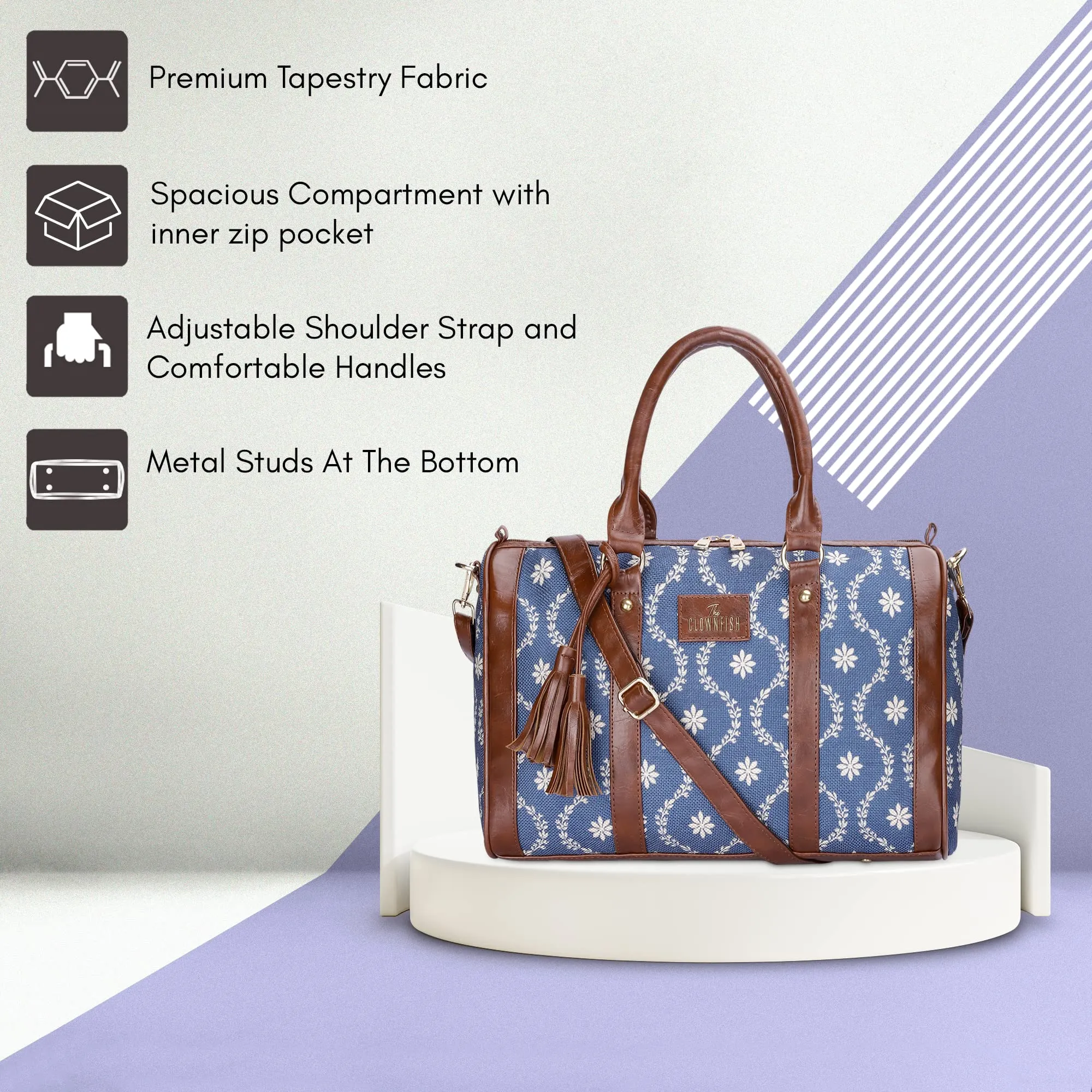 THE CLOWNFISH Combo Of Lorna Printed Handicraft Fabric & Faux Leather Handbag Sling Bag for Women & Aahna Printed Handicraft Fabric Crossbody Sling bag for Women (Royal Blue)