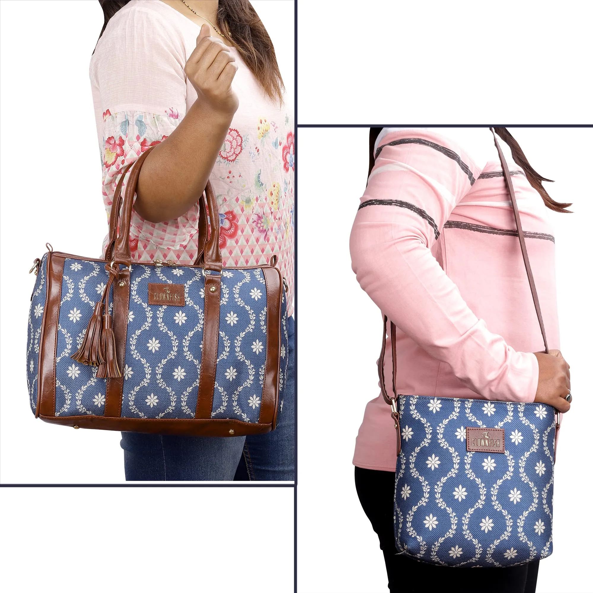 THE CLOWNFISH Combo Of Lorna Printed Handicraft Fabric & Faux Leather Handbag Sling Bag for Women & Aahna Printed Handicraft Fabric Crossbody Sling bag for Women (Royal Blue)