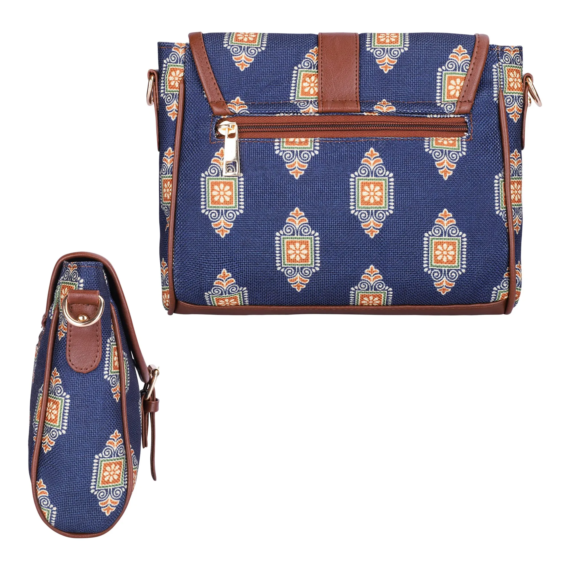 THE CLOWNFISH Madeline Printed Handicraft Fabric Handbag for Women Sling Bag Office Bag Ladies Shoulder Bag with Snap Flap Closure & Shoulder Belt Tote For Women College Girls (Dark Blue)