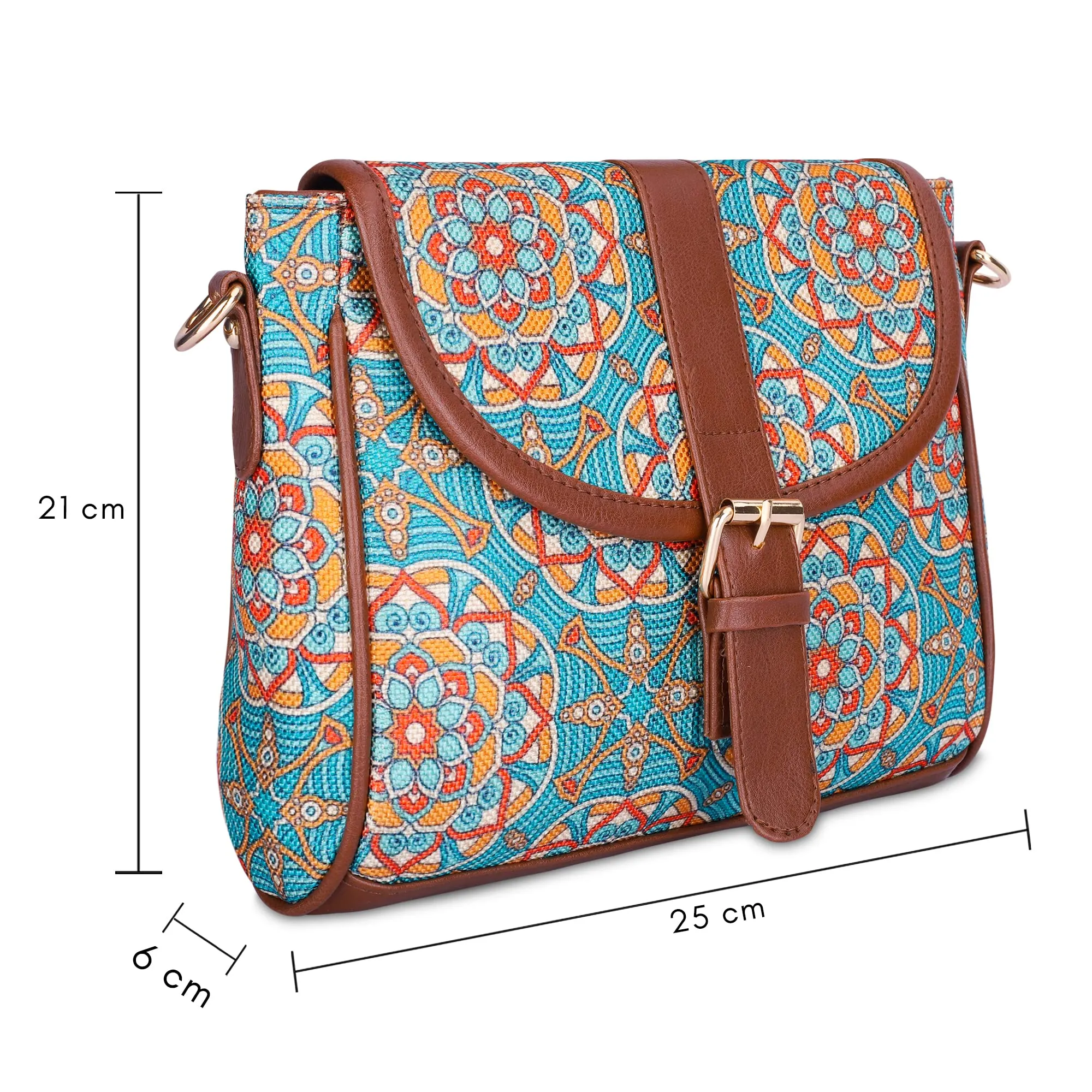 THE CLOWNFISH Madeline Printed Handicraft Fabric Handbag for Women Sling Bag Office Bag Ladies Shoulder Bag with Snap Flap Closure & Shoulder Belt Tote For Women College Girls (Light Blue)