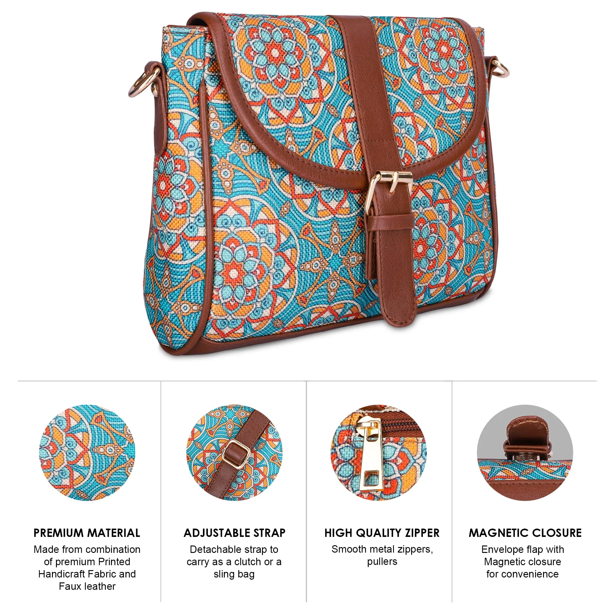 THE CLOWNFISH Madeline Printed Handicraft Fabric Handbag for Women Sling Bag Office Bag Ladies Shoulder Bag with Snap Flap Closure & Shoulder Belt Tote For Women College Girls (Light Blue)