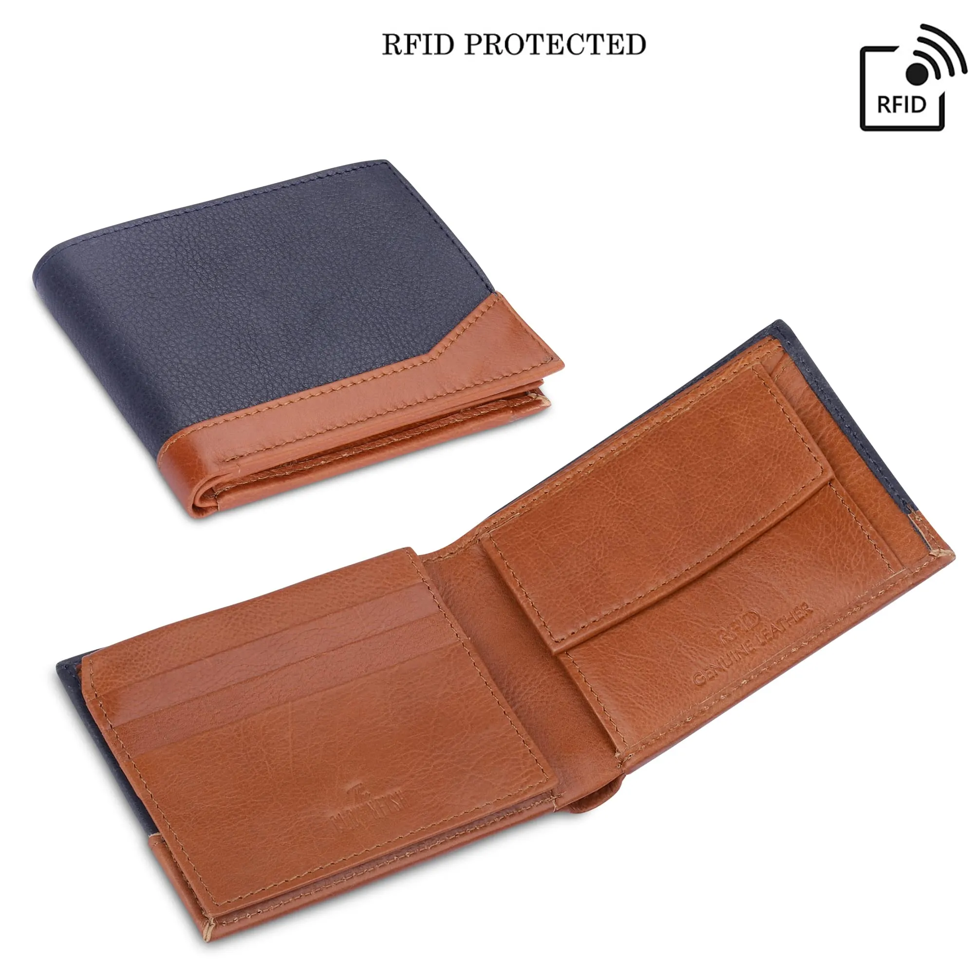 THE CLOWNFISH RFID Protected Genuine Leather Bi-Fold Wallet for Men with Multiple Card Slots & Coin Pocket (Blue)