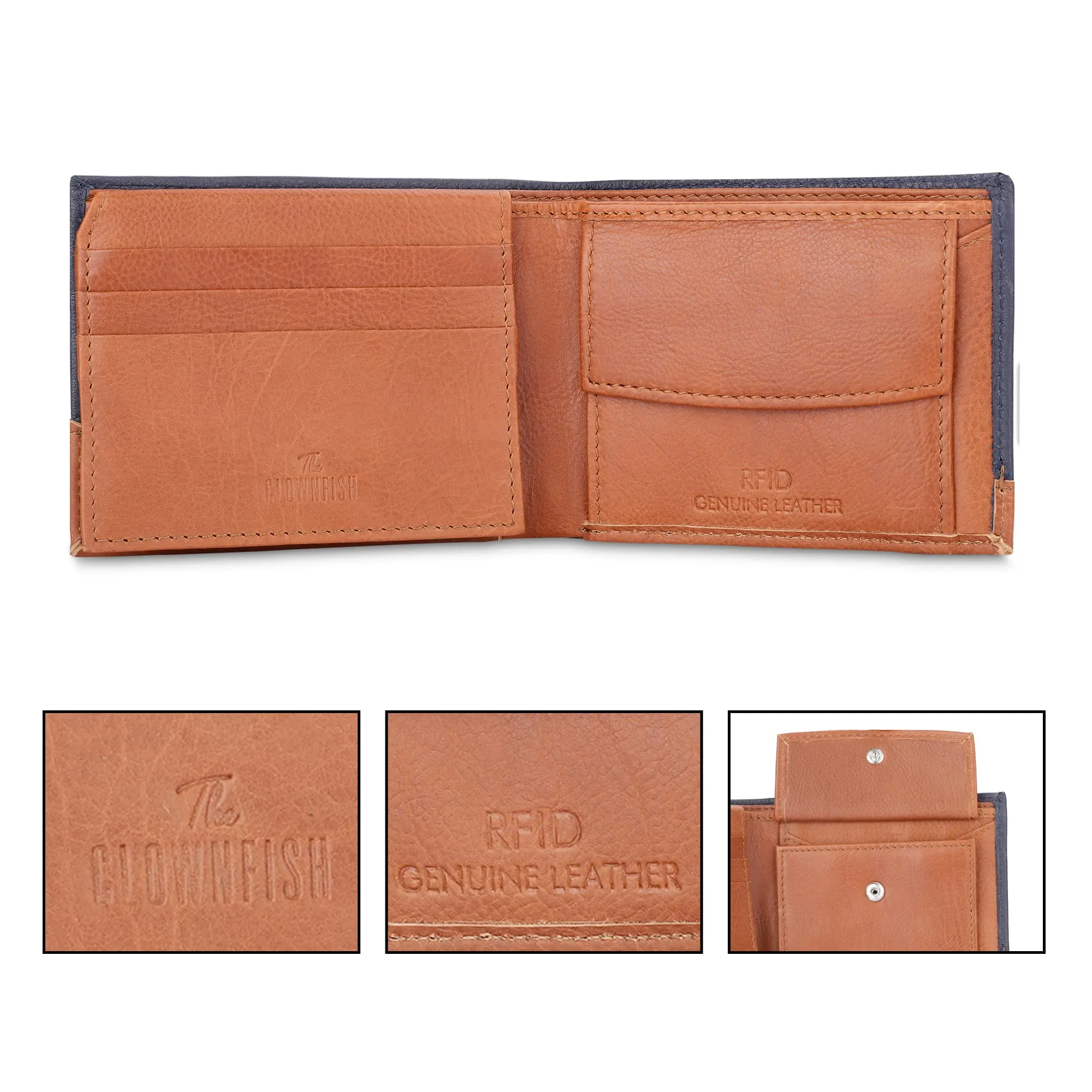 THE CLOWNFISH RFID Protected Genuine Leather Bi-Fold Wallet for Men with Multiple Card Slots & Coin Pocket (Blue)