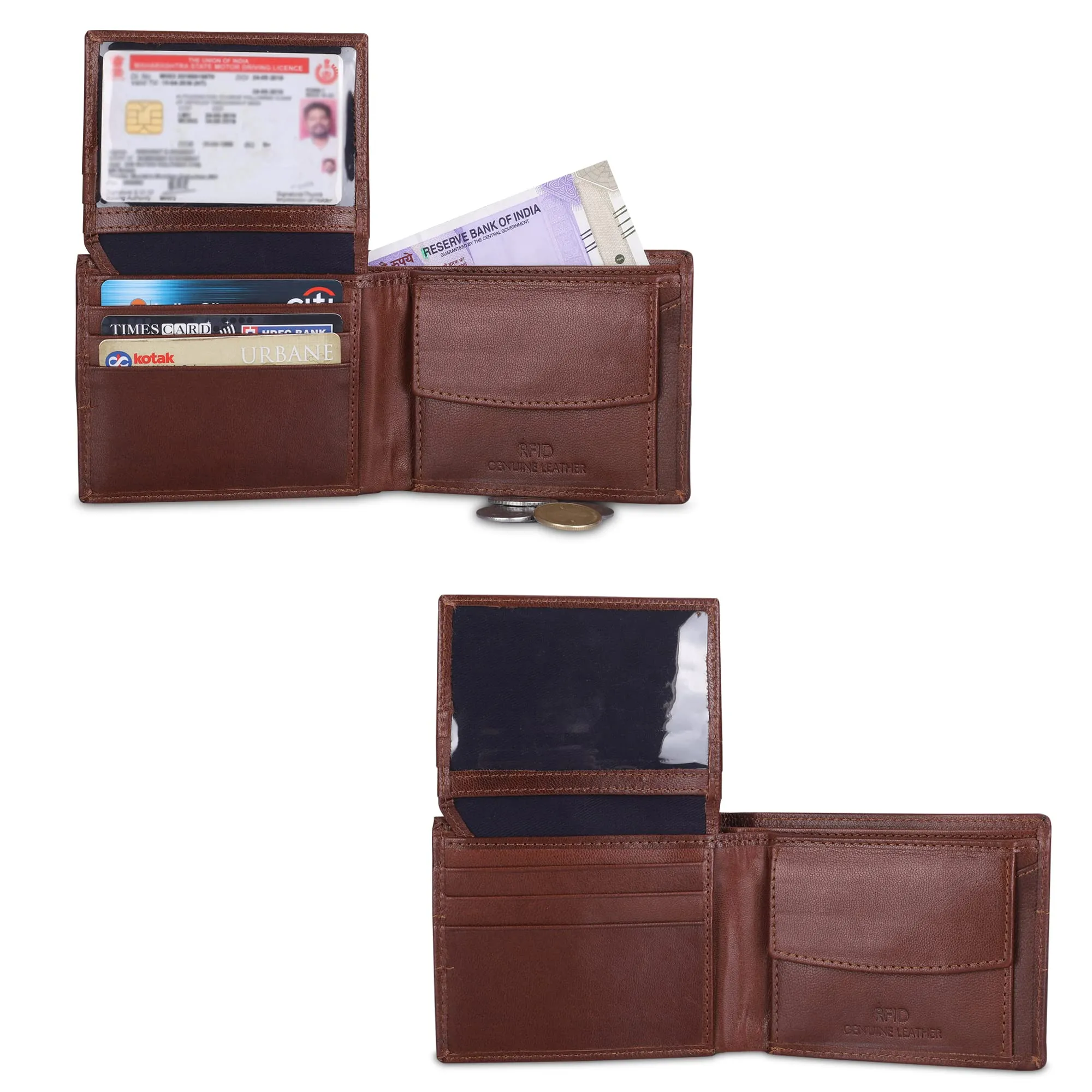 THE CLOWNFISH RFID Protected Genuine Leather Bi-Fold Wallet for Men with Multiple Card Slots, Coin Pocket & Transparent ID window (Brown)