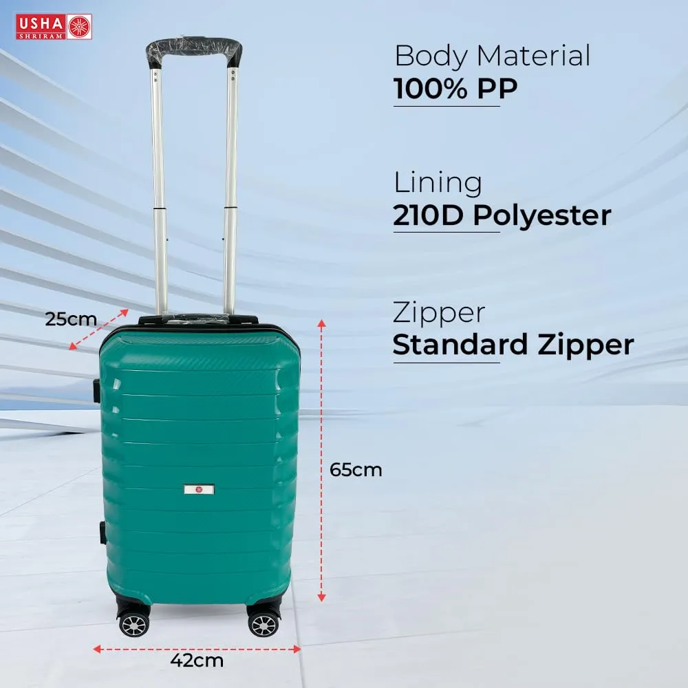 USHA SHRIRAM Polypropylene (Check-in Bag) 24 inch Luggage Bag (65cm) |Trolley Suitcase for Travel | Travel Luggage for Men Women |360 Wheel | Travel Bags for Luggage Trolley Carry On Suitcase (Green)