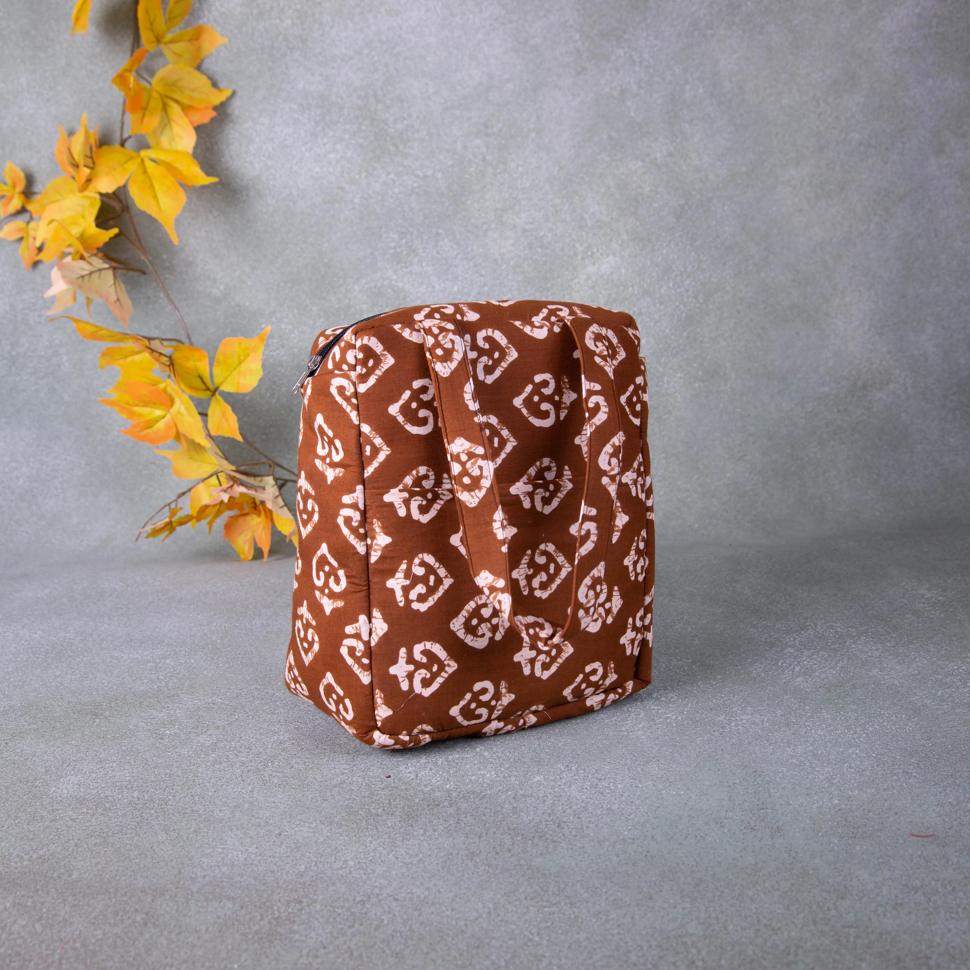 Water Proof Cotton Lunch Bag Brown with White Prints.