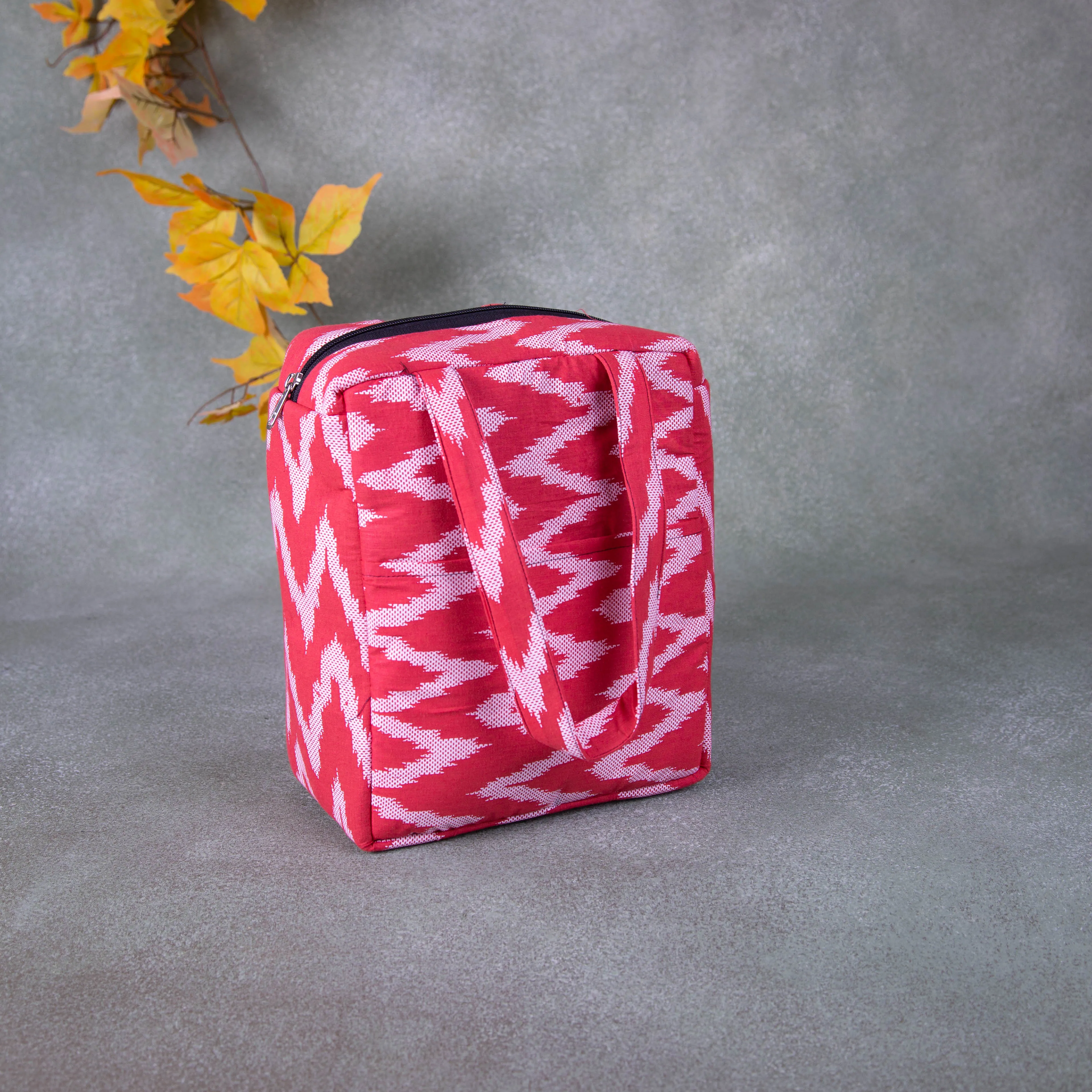 Water Proof Cotton Lunch Bag Red Colour With White Zig Zag Design.